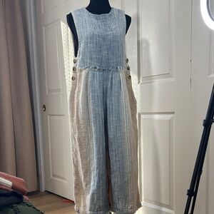 Free People Striped Blue and Beige Jumpsuit with Button Details